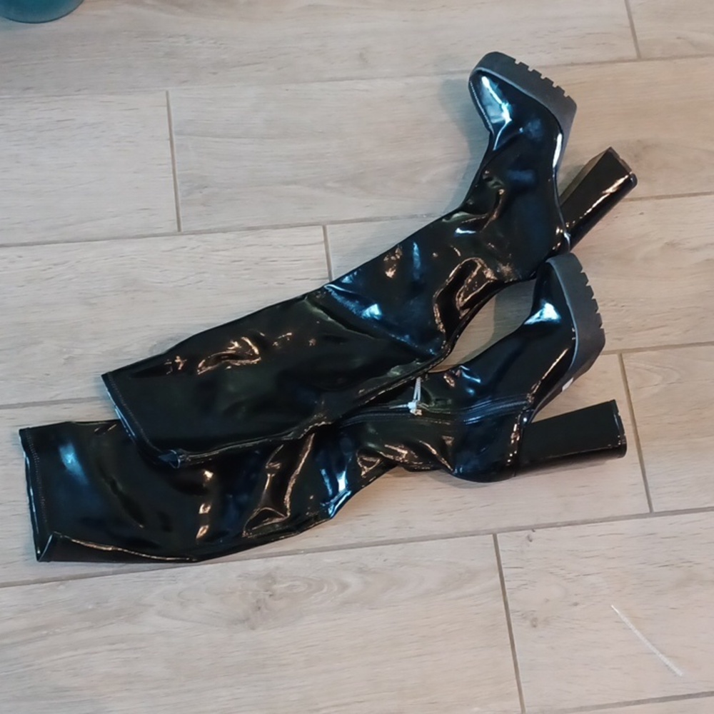 New Schutz Black Darlyn Patent Leather OTK Platform Boots 9.5 Cosplay Black - Picture 10 of 16